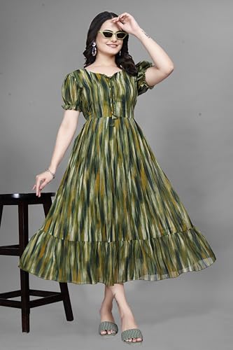 Image of Women Gown with Abstract Print | Georgette One Piece Dress with Puff Sleeves | Round Neck Tiered Midi Frock for Women | Ladies Western Maxi Dress