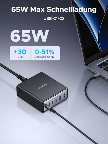 UGREEN 100W USB C Ladegerät 6-Port Ladestation 65W GaN Netzteil PPS Schnellladegerät Mehrfach kompatibel mit MacBook Pro/Air, iPhone 17-8 Serien, Galaxy S25, S24, A15, Pixel 9, iPads