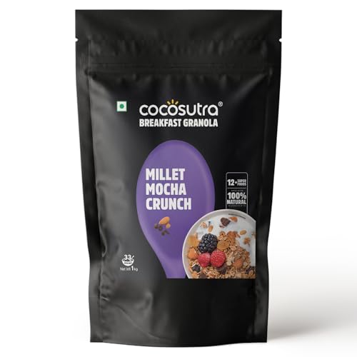Millet Mocha Crunch Breakfast Granola 1 kg | 100% Natural, Vegan & Gluten Free | High Protein Cereal with Oats, Nuts, Seeds and Dry Fruits | Lightly s