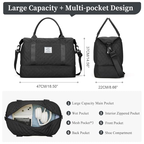 SYCNB Weekender Bags for Women,Personal Item Travel Bag with Shoes Compartment,Overnight Travel Duffel Bag,Gym Bag，Black3