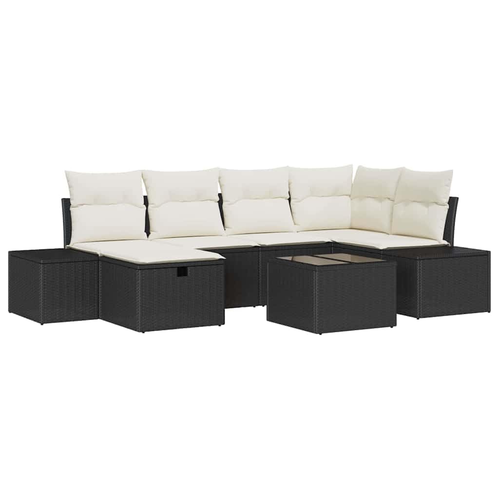 Juego de muebles de jardín de 7 piezas, color negro, polirratán, modular, 55 x 55 x 37 cm, con cojín, resistente a los rayos UV, para balcón, terraza, jardín