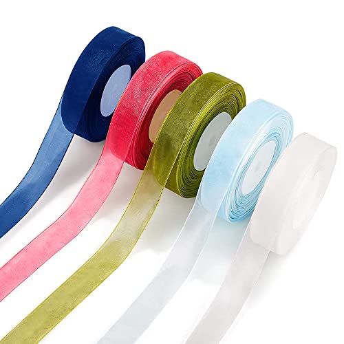 5 Pièces Ruban en Organza Transparent, Ruban Mousseline de Soie, Ruban Organza Mariage, pour Emballage Cadeau, Ruban de Fête d'Anniversaire, Couronnes (Rouge/Bleu Ciel/Vert Clair/Blanc/Bleu Foncé) Cover