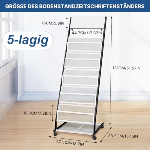 Miniatura 2 de Sundoy Revistero Con Ruedas Soporte De Pie Para Folletos Y Catálogos Soporte Para Revistas Con Ruedas Para Oficina, Ferias Y Hogar 5 Capas, 47,5 Cm De Ancho