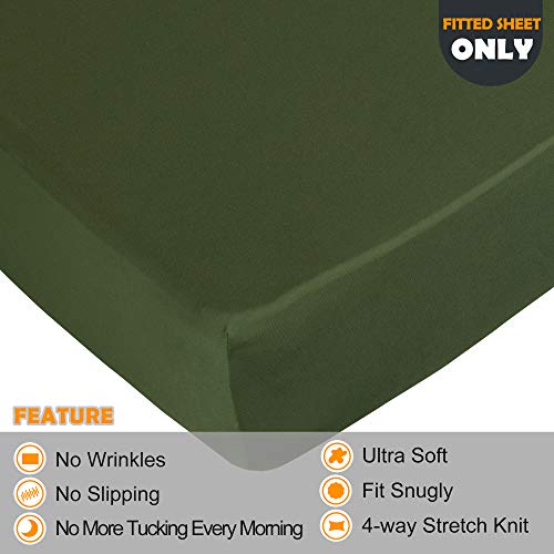 Image of Soft Stretch Queen Fitted Sheet Only - Jersey Knit & Cozy T-Shirt Like, 4-Way Stretchy Snug Fit & Wrinkle Free, No More Slipping Mattress Sheets - Dark Olive Green, Queen