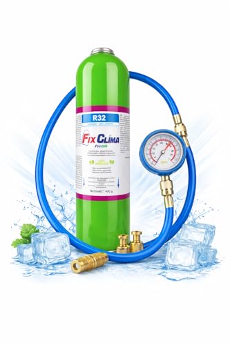 FixClima R32 - Set di ricarica refrigerante per condizionatori d'aria, 400 g, con manometro professionale e tubo di riempimento, per sistemi climatici divisi e monoblocco, facile da usare, potente set
