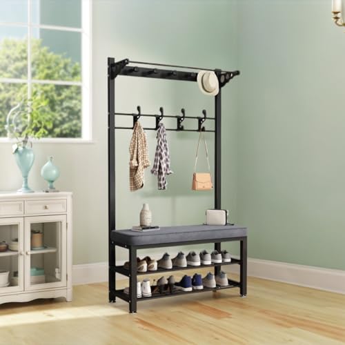 Elegante banco de entrada con perchero y almacenamiento de zapatos, marco de metal, patas ajustables, fácil montaje, ideal para pasillo, sala de estar, vestíbulo (negro, 100 cm)
