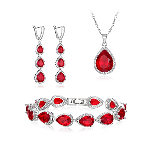 Clearine Juegos de Joyas de Mujer Conjunto de Joyería de la Boda para Las Mujeres Chapado en Plata Lágrima Circonita Cúbica Rojo Collar Pendientes Colgantes Largos Pulsera Conjunto de Fiesta