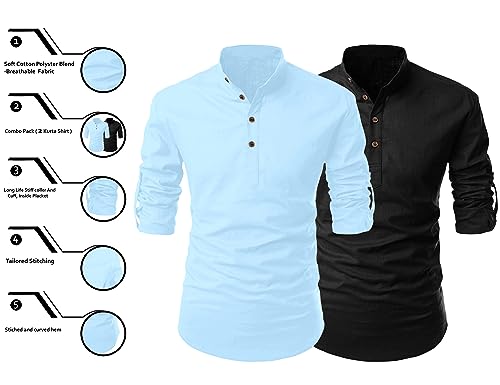 Image of FINIVO FASHION Combo of Men's Cotton Blend Solid Regular Fit Full Sleeve Straight Short Kurta Shirt, Casual and Formal Wear