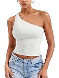 YEOREO Womens One Shoulder Tops Sleeveless Going Out Tank Top Fanciy Double Lined Cropped Tee Y2K Summer Shirts Slim Fit White S