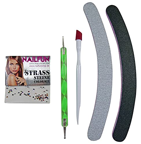 5 teiliges Set mit 1x Swirltool + 1x Hufstäbchen + 1x Pack. Strasssteine + 2x Nagelfeile gebogen Bananenfeile 100/180…