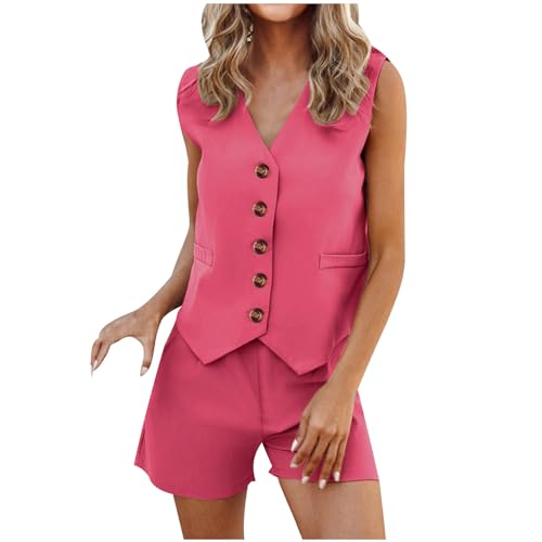 HGps8w Womens Summer 2 Piece Outfits V Neck Sleeveless Blazer Vest and Shorts Matching Business Work Clothes with Pockets