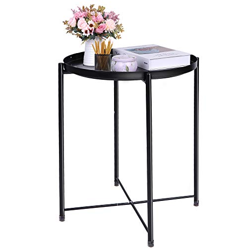 End Table Black Side Table Round Table Small Metal Table Patio Side Table for Small Spaces Removable Tray End Table for Outdoor and Indoor Fit Sofa Living Room Bedroom Coffee Table Bedside Nightstands