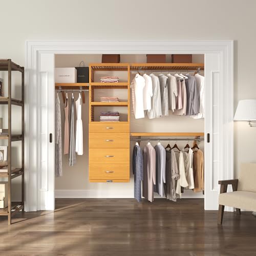 John Louis Home Wood Closet Organizer System with Shelves, 4 Drawers, & Hanging Rods - Wall Mounted Walk-in Wardrobe - Maple Finish