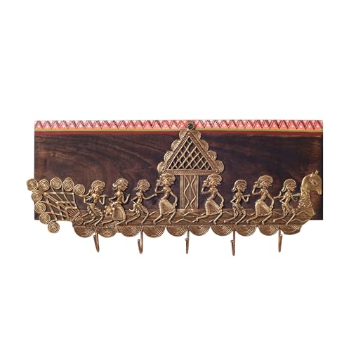 Image of AAKRITI ART CREATIONS Heritage Charm Brass Key Hook Set, Dhokra Art Teak Wood Wall Hanging Panel Set of 1, Brown Wall Decor Key Holder | Matte Finish Wooden | Decor for Entryway, Living Room, Office