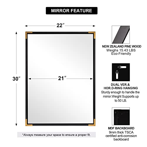 Andy Star Black Mirrors For Wall, New Zealand Pine Wood Framed Mirror, 22X30” Rectangle Bathroom Mirror With Gold Metal Corner, Black And Gold Mirror Modern Vanity Mirror Hangs Vertical Or Horizontal #TOP5