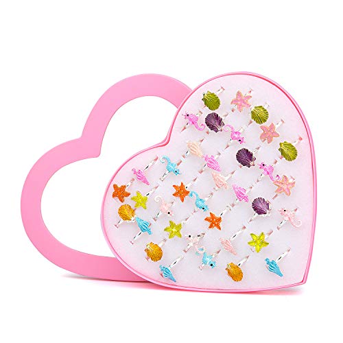 Vordas Welecoco 36 Piezas Los Niñas Anillos Ajustables, Anillos Ajustables Anillo para Niñas Hippocampus Starfish Conch Drops Anillos de Clase con Caja en Forma de Corazón