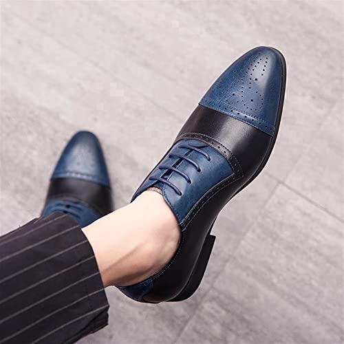 Dress Oxford Shoes for Men Lace Up Two Tone White and Brown Brogue Cap Toe Vegan Leather Low Top Slip Resistant Block Heel Prom(Black Blue,10 M US)2