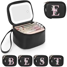 Relavel Mini Makeup Bag with Led Mirror for Women, Small Initial Cosmetic Travel Bags, Personalized Makeup Pouch with 3-Light Modes, Preppy Gifts for Mom Daughter Teen Girls - Black E