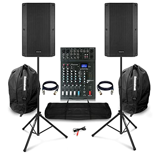Vonyx Professional Complete PA System Package - VSA120S 12 Active/Passive Speakers, Studiomaster Club XS6 Mixer, Bluetooth Streaming, Speaker Stands, Cables & Bags for Bands, Singers & Churches