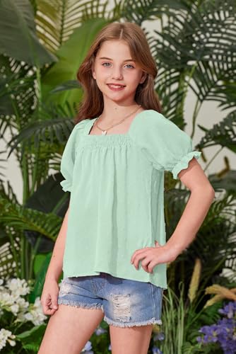 Image of BesserBay Girls Summer Puff Short Sleeve Square Neck Tee Shirts Ruffle Smocked Blouses Cute Swiss Dot Tops 5-14 Years