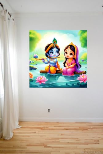 Image of Akki World Bal Krishna With Radha River Point God Wall Poster For Pooja Room, Office, Bedroom (Size- 46Cm X 46Cm)