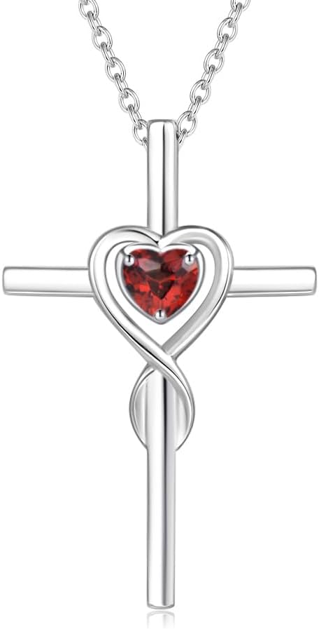 FANCIME Birthstone Cross Necklace for Women Birthstone Necklace Heart Infinity Cross Pendant Necklace Fine Jewelry Christmas Birthday Holiday Gifts for Her, 16"+2" Inches