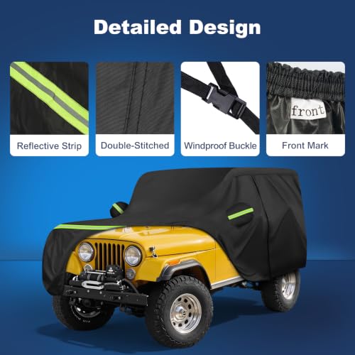 Image of QUNSUNUS Car Cover for Jeep CJ7 Waterproof with Cotton Inner, Zipper, Strap | Heavy 420D Oxford Outdoor All-Weather CJ7 Covers, with Elastic Hems and Double-stitched Seams, for Dust, Sun, Wind Protection