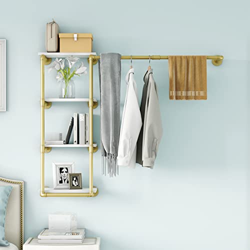 Wall Mounted Pipe Clothing Rack With Shelf,Gold Industrial Clothes Rack With 4 Tier Closet Bar Heavy Duty Iron Garment Rack, Retail Display Clothes Rod For Hanging Clothes,Laundry Room (Gold) #TOP6