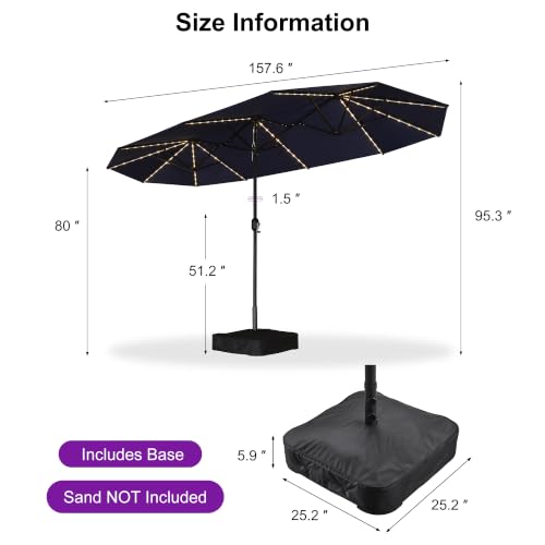 PURPLE LEAF 13ft Patio Market Umbrella with Solar LED and Base Double-Sided Rectangle Outdoor Table Sun Umbrellas with Crank for Pool Beach Deck Backyard Navy Blue — view 6