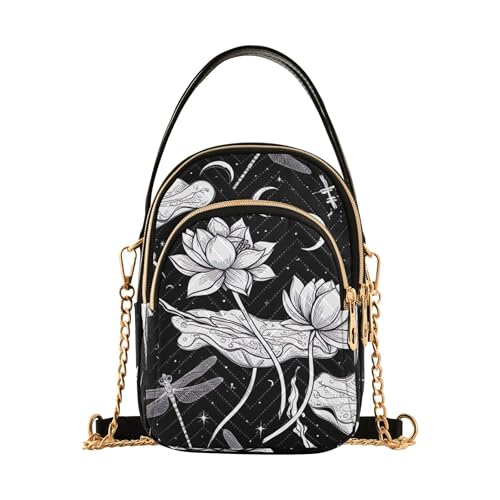 Women over Shoulder Purse White Lotus Flowers Dragonflies Quilted Chain Strap Cell Phone Purse Cute Ladies Tote Crossbody Satchel, 5.9