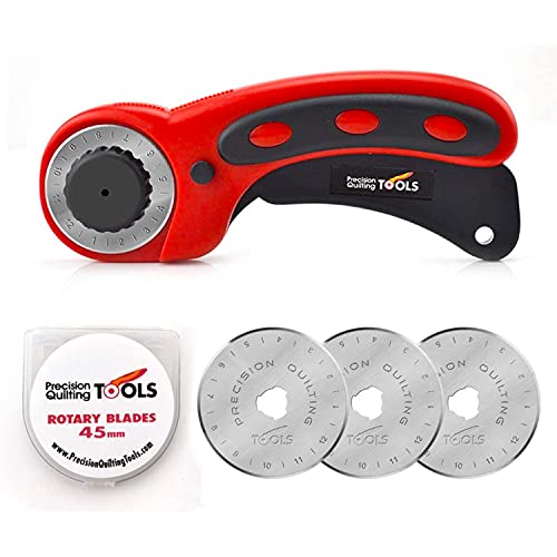 Precision Quilting Tools 45mm Deluxe Rotary Cutter with 3 Extra Blades (Red) - Fabric Cutter / Rotary Cutter for Fabric / Fabric Rotary Cutter