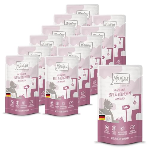 Produktbild von Mjamjam Katzen Nassfutter Quetschie Duo Ente & Hühnchen mit Möhrchen - 12 x 125 g