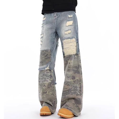 XYGJZ Men's Ripped Slim Fit Straight Leg Jeans Patchwork Camouflage Denim Pants4