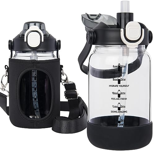 Seekua Botella Agua Cristal 1l con Pajita y Marcas de Tiempo, Botella Vidrio Grande de 1 litro con Infusor Apto Para Jugos,...