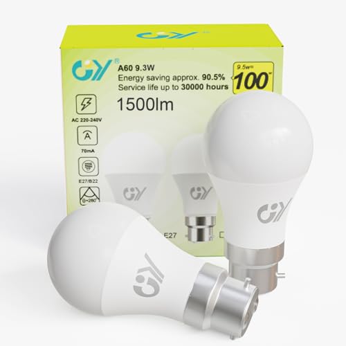 GY Ampoule LED B22 Classe C 9.3W (Équivalent 100W) ，1500 Lumens 3000K Blanc Chaud ， A60 Ampoules Culot B22 Baïonnette LED, Économie d'Énergie,Angle 280°, Non-Dimmable，Lot de 2