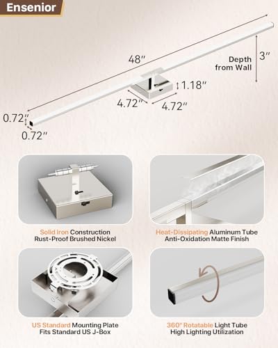 Image of Ensenior Modern Brushed Nickel Bathroom Vanity Light 48 inch, Built-in Dimmer, 2100LM Dimmable 5CCT Led Bath Lights, Bar Vanity Light for Bathroom Mirror Cabinets Bedroom-FCC & ETL Certificated