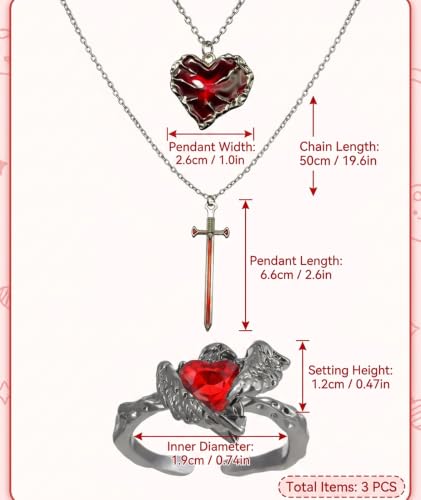 Buy Gothic Necklace, Gothic Rings, Set of 3 Pieces, Dark Red Heart and Sword Pendant Necklaces with Ring, Gothic Fashion Accessories for Concerts, Themed Events and Daily Alternative Style Wear at Amazon.in - Image 3