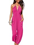 CUPSHE Women's Summer Overall Jumpsuit Plunging Halter Sleeveless Casual Dressy Outfit Wide Leg Pockets Maxi Romper Hot Pink, L