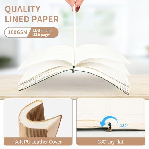 Image of TSFPapier A5 Lined Notebook with Pen & Gift Box 216 Pages PU Leather Journals for Women Men 100GSM Thick Paper College Ruled Notebook for Christmas Gifts, School,Travel,Business,Work,Home Writing (Khaki)