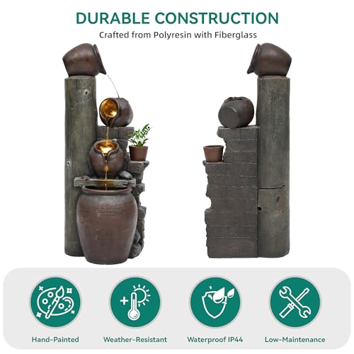 Autodaya 40\" H Overszied Outdoor/Indoor Water Fountain with LED Lights and Pump, Cascading Pitchers Farmhouse Garden Fountain Waterfall for Patio, Porch, or Yard