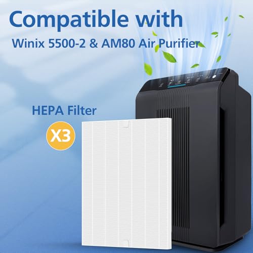 Image of 116130 Replacement Filter H for Winix 5500-2 AM80 Plasmawave Air Purifier | High Efficiency Filter for Home, Bedroom, Large Room, Dust, Pollen, Hair, Pet Dander, Smoke, 3 Pack