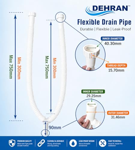 Image of DEHRAN Dual Sink PVC Waste Pipe, 40mm Nut Connector, 750mm (2.5 Ft) Flexible Drain Connector for Kitchen Sink, Universal Fit for 2 Sink /Basins