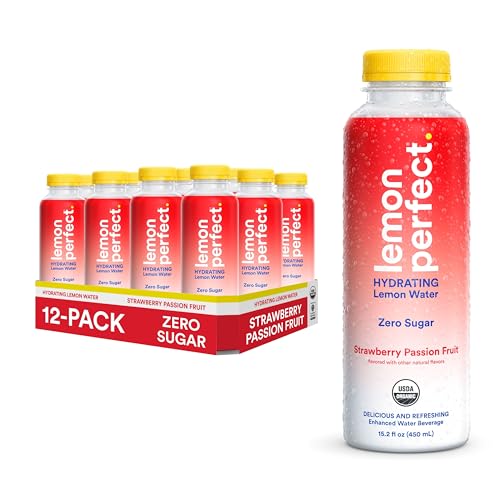Lemon Perfect Strawberry Passion Fruit, Hydrating Flavored Lemon Water, Zero Sugar, Delicious and Refreshing, Organic, 15.2 fl oz Bottles (12-Pack)