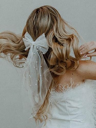 Vakkery Bridal Hair Bow Veil White Tulle Bow Hair Clip with Pearl Wedding Bachelorette Party Decoration Hair Accessories for Women - Image 4
