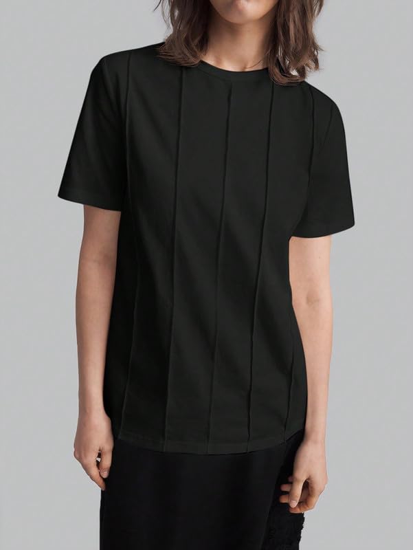 Image of DTR FASHION Women's Pure Cotton Styled with Vertical Pintuck Pattern Solid T-Shirt | Western T-Shirts for Women