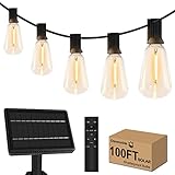 100ft Solar Outdoor String Lights with Remote - USB Rechargeable Solar Powered Outdoor Patio Lights,
