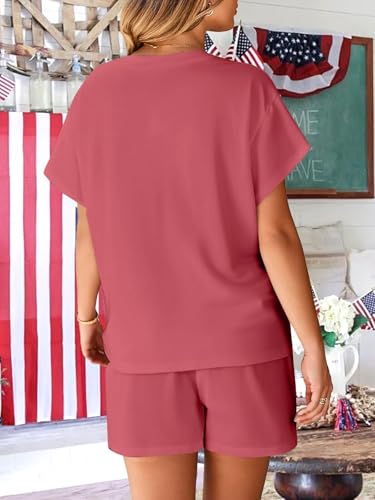 Image of VILOVE 4th of July 2 Piece Sequin Outfits Women Star Stripe Shirts and Short Sets Casual Patriotic Shirt Summer Set