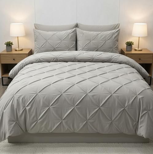Linen Home Pintuck Double Duvet Cover Set, Soft Microfiber Pinch Pleat Linen Duvet Cover with 2 Pillow Shams, Easy Care, Wrinkle Free, Bedding Set Twin (Linen, Duvet Cover Set: