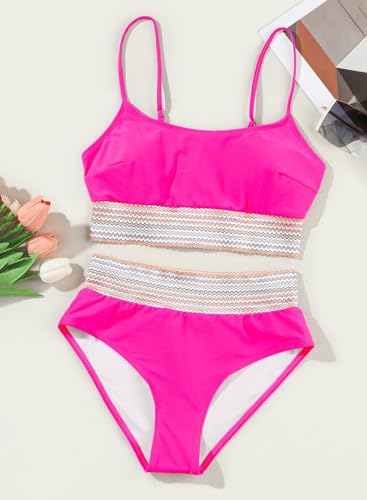 Herseas Womens Hot Pink Bikini Sets Two Piece High Waisted Slimming Swimsuit Wireless Adjustable Spaghetti Straps Matching Bathing Suit X-Small - Image 5