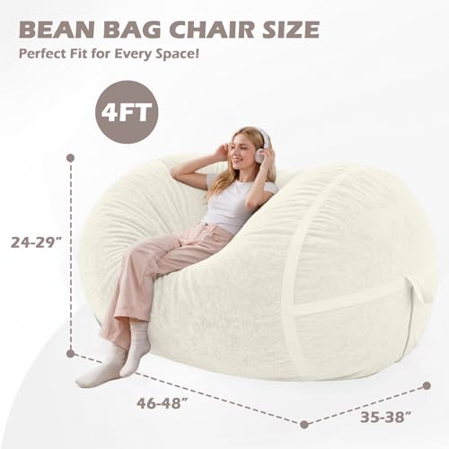 Image of 4FT Bean Bag Chair 4'Big Bean Bag Chairs with Adults, Large Beanbag Chair | Bean bag Lounger with Machine Washable Cover Luxurious Velvet Fabric, Comfy Chairs for Living Room, Bedroom, Dorm, Beige